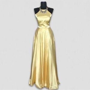 Blondie Nites Gold Halter Maxi Gown for Prom